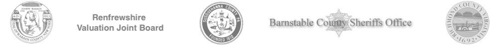 Government institution logos: Warren County (New York), Renfrewshire Valuation Joint Board, Susquehanna County (Pennsylvania), Barnstable Country Sherrifs Office, and Richmond County (Virginia)