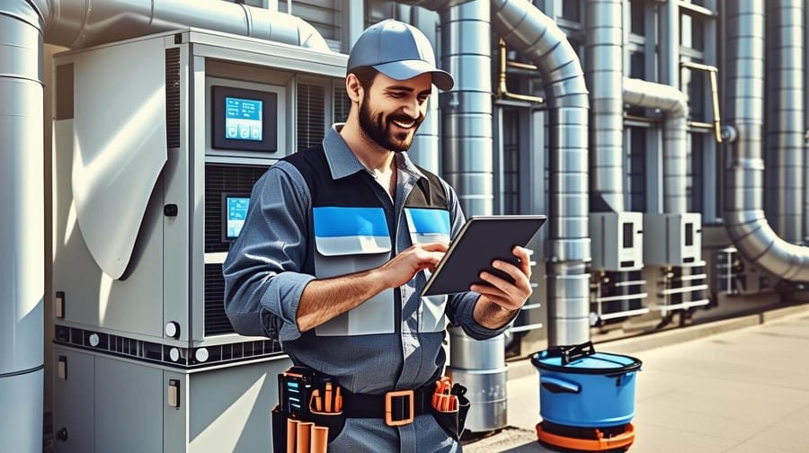 HVAC technician using a digital tablet to complete service forms on a job site.