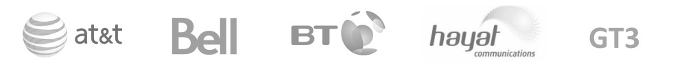 Telecommunications company logos: AT&T, Bell, BT, Hayat Communications, and GT3
