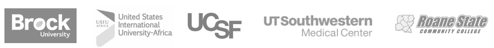 Brock University, United States International University-Africa, UCSF, UT Southwestern Medical Center, and Roane State Commmunity College logos.