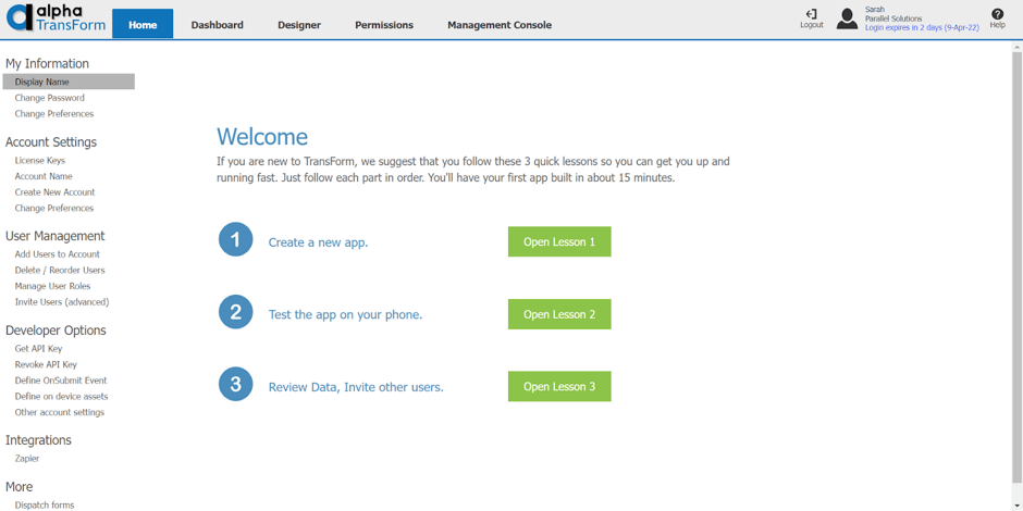 Alpha TransForm welcome screen showing three onboarding lessons and a sidebar with account settings.