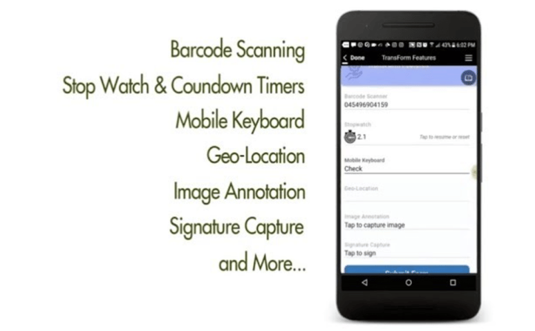 Alpha TransForm mobile app showing barcode scanning, signature capture, and timestamp fields on a smartphone screen.