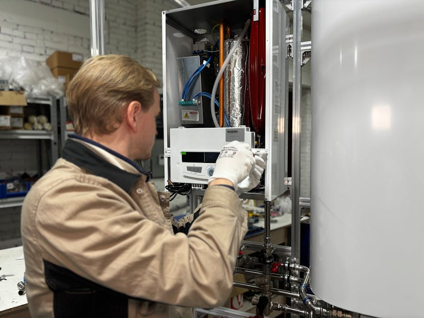A technician wearing white gloves and a tan work jacket inspecting an open control panel, with wiring and piping visible.