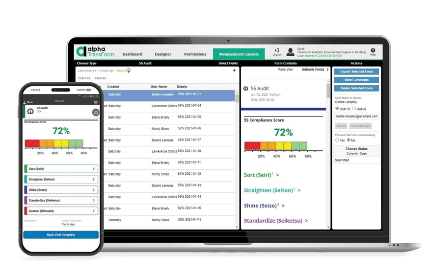 Alpha TransForm 5S Audit dashboard displayed on a laptop and mobile phone showing compliance scores.