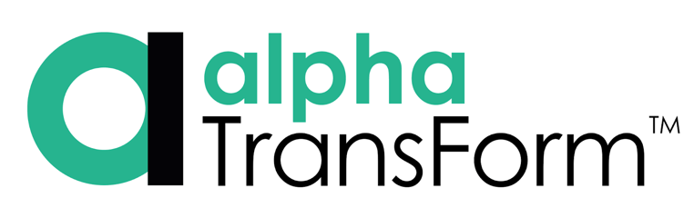 Alpha TransForm logo with teal lettering on a black background.