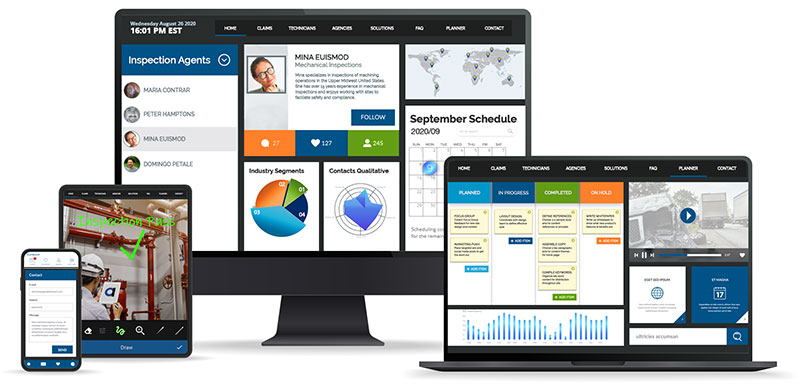 Multiple devices displaying inspection software dashboards and mobile apps across desktop, laptop, tablet, and phone.