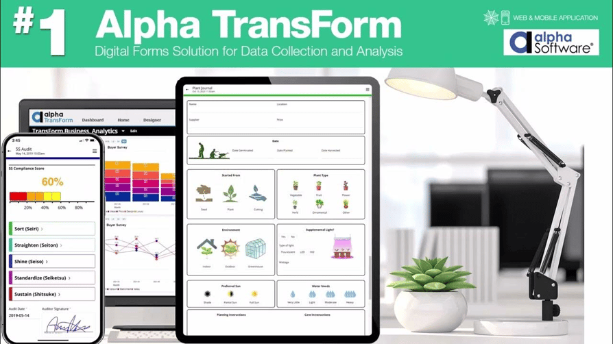Alpha TransForm promotional graphic showing its digital forms solution for data collection and analysis on a smartphone, tablet, and laptop screen with the Alpha Software logo.